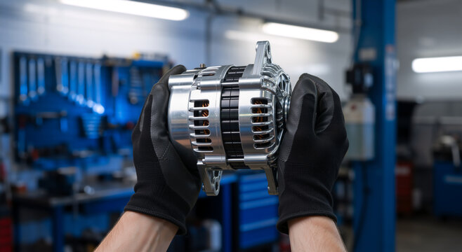 Mechanic holding a new car alternator in a workshop. Automotive electrical system repair