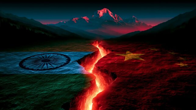 India China flags volcanic lava river border Himalayas geopolitical tension Asian superpowers rivalry conflict Indo-China border dispute Ladakh dramatic landscape conceptual illustration