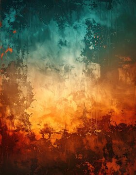An abstract blend of fiery oranges, deep reds, and cool teal hues with textured paint strokes.