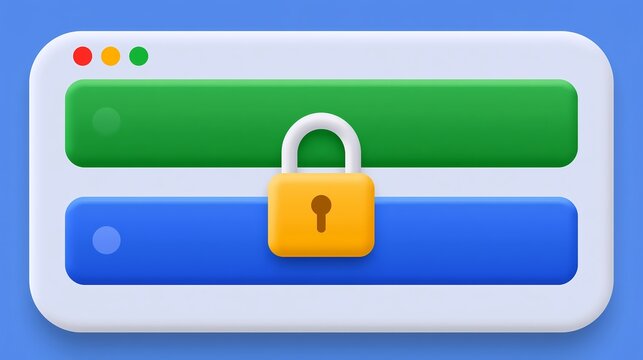 Browser window security login padlock interface green blue navigation bars website privacy authentication password lock 3d UI design element internet safety isolated background