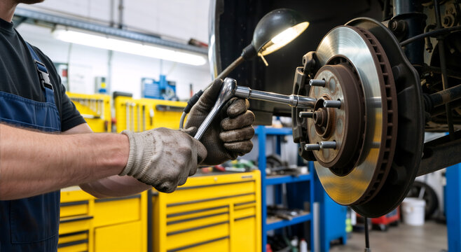 Auto mechanic using a ratchet to repair car brakes in a garage. Professional vehicle maintenance service