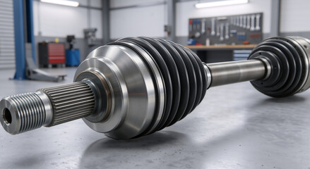 Fototapeta premium Close up of a new car drive shaft with CV joint and rubber boot. Automotive spare part on the floor of a modern auto repair shop