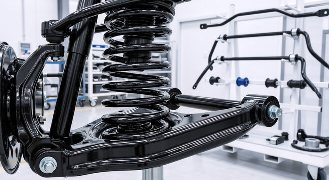 Black metal car suspension assembly with coil spring and control arm. Automotive chassis components in a modern manufacturing facility