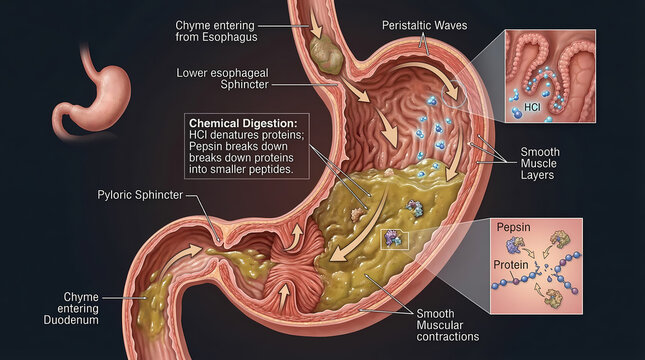 3D Medical Illustration of Stomach Digestive Process: Chemical Digestion, Pepsin Protein Breakdown and Gastric Peristalsis.