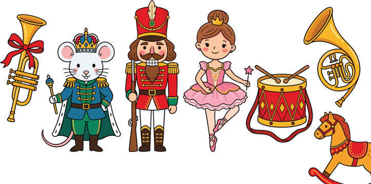 The Nutcracker Ballet Vector Icon Set with Nutcracker Soldier Ballerina Mouse King Musical Instruments and Rocking Horse for Christmas Holiday Theater and Festive Decoration Designs