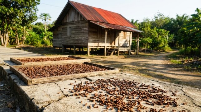 Clove buds airing on a cracked sidewalk in front of a rustic wooden house, showcasing the traditional agricultural processing method of drying aromatic spices under the bright tropical sunlight.