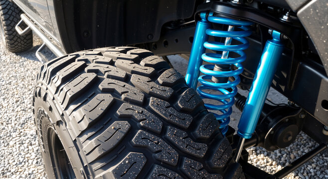 Close-up of rugged off-road tire and bright blue suspension coil spring. 4x4 truck shock absorber and heavy duty wheel tread on gravel. Automotive performance upgrade