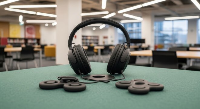Modern professional headphones with creative fidget toys sitting on a table in a bright library environment for neuro divergent focus, captured as a widescreen high resolution digital photograph.