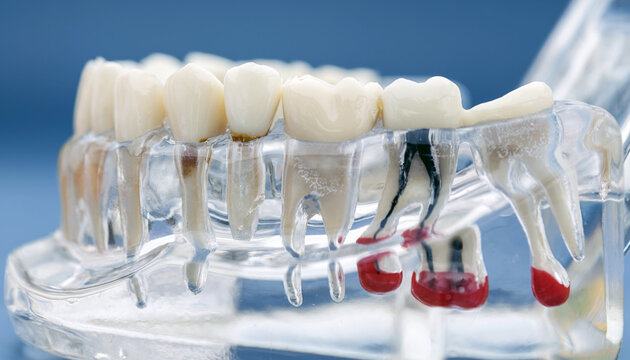 Transparent anatomical model of the human lower jaw. Close-up: tooth roots, endodontic root canal treatment, cyst, and impacted wisdom tooth. Isolated on a blue background.