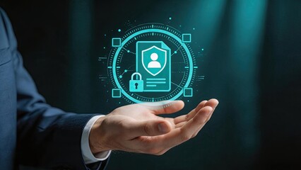 Fototapeta premium Businessman holding holographic data security icon with shield and lock symbol, cybersecurity protection concept for personal information privacy and identity verification in