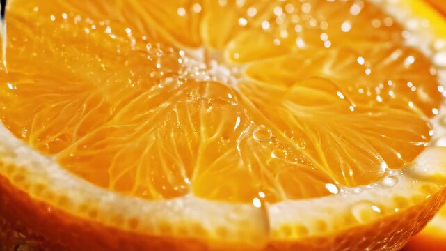 Fresh juicy orange slice close up with bright citrus texture and water drops, macro fruit background, vitamin C, healthy organic food, summer freshness, juice video