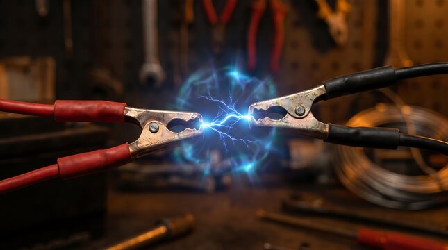 Jumper cable clamps creating blue electric arc spark in auto repair workshop close up macro shot