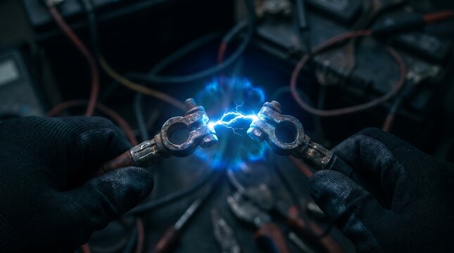 Mechanic gloved hands creating electric arc with battery terminals in garage workshop macro view