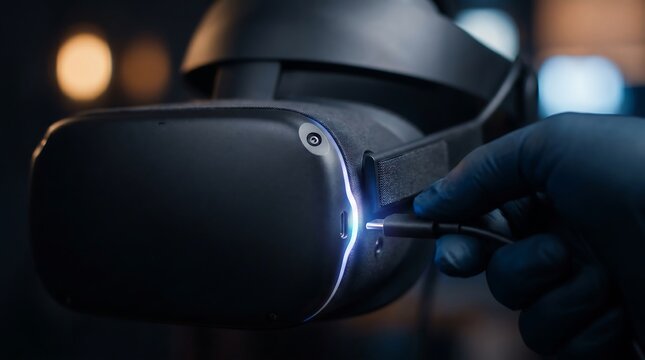 Person connecting USB C cable to virtual reality headset in dark room close up view