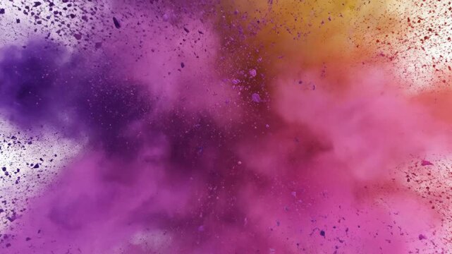 Vibrant multi-colored powder explosion featuring purple, pink, orange, and yellow pigments bursting outwards in a radial pattern against a clean white background in slow motion.