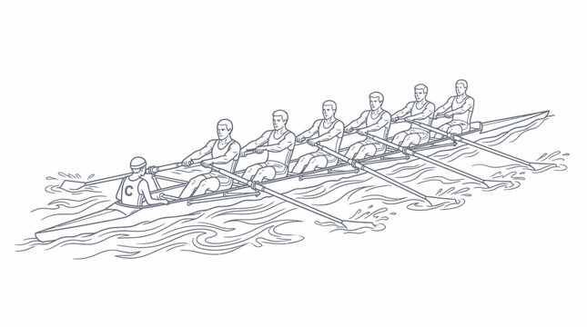 Rowing team, eight people rowing in unison, synchronized effort, water sports, athletic competition