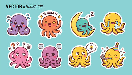 Vector illustration of a cartoon octopus with various expressions © Maftuh