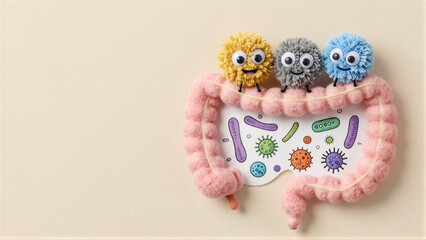 Fototapeta premium Three colorful pom-pom microbes sit atop a plush intestine with
