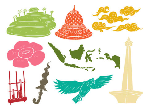 Colorful Indonesia Culture Elements Set with Borobudur Monas Garuda and Traditional Icons