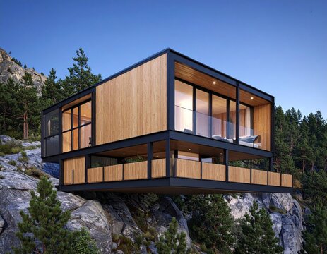 Cantilevered timber and steel cabin over a pine forest mountain cliff at twilight. Cross-laminated timber, sharp geometric lines, and 8k photorealistic modern architectural photography.
