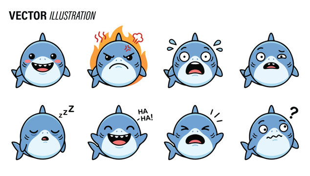 Vector illustration of a cartoon shark with various expressions