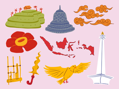 Colorful Indonesia Culture Illustration Set with Borobudur Monas Garuda and Traditional Icons