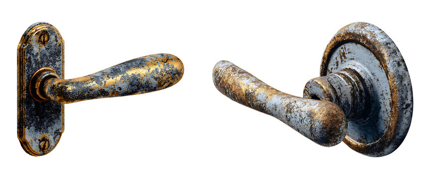Rustic blue door handles with ornate oval backplates in vintage style showing signs of aging isolated on a white or transparent background