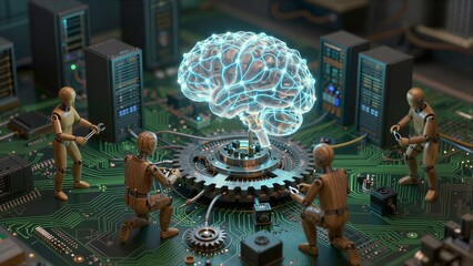 Robots assemble glowing brain on circuit board symbolizing AI and © joeycheung
