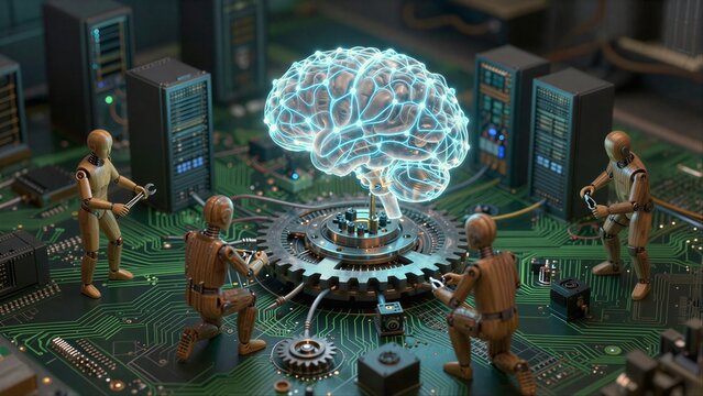Robots assemble glowing brain on circuit board symbolizing AI and