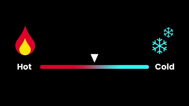 A flame and snowflake hot cold temperature slider with gradient bar and indicator arrow for heating or cooling control interface