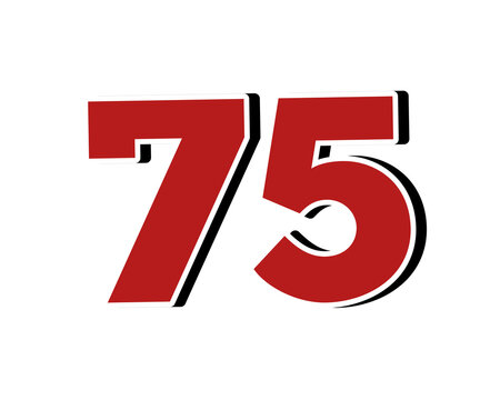 Number 75 Bold Red with White Outline Isolated on Transparent Background