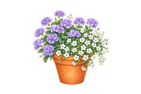 Potted verbena and bacopa purple and white flowers growing with green leaves in a terracotta pot