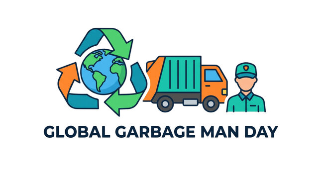 Global Garbage Man Day vector design featuring recycling globe sanitation employee garbage collection truck and environmental waste management awareness concept