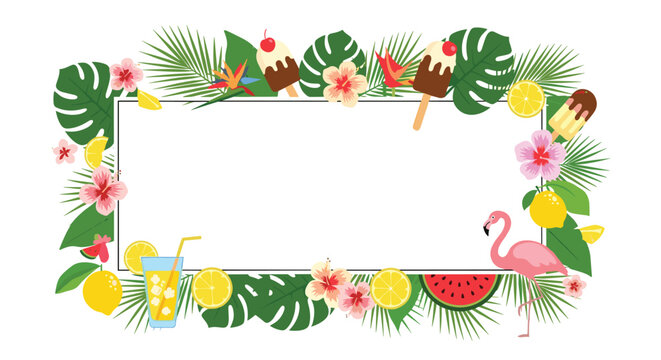 Vibrant tropical summer frame decorated with exotic flowers green palm leaves fresh fruits a flamingo and icy drinks.