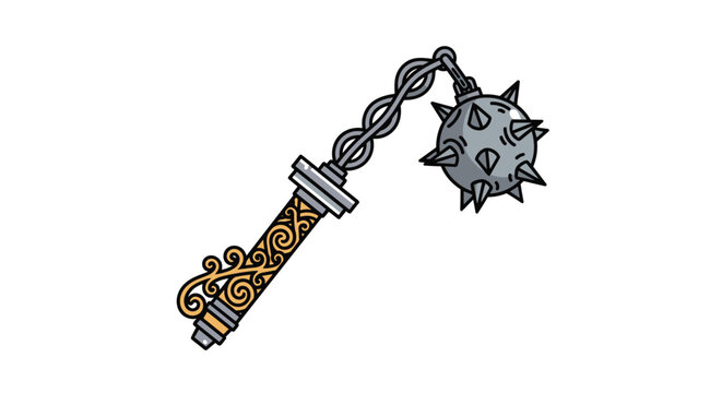 Ornate medieval flail weapon featuring a spiked metal ball attached to a decorated handle by a heavy interlocking chain.