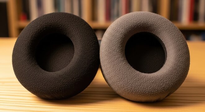 Macro view of the texture of synthetic suede ear cushions showing in 169 gigapixel high resolution detail, featuring dual textured pads placed on a wooden surface for a professional audio equipment st