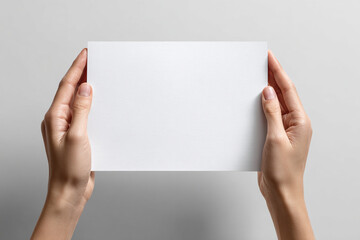 Obraz premium Two hands holding blank white paper card mockup