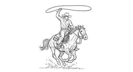 Obraz premium Dynamic line drawing of a cowboy riding a galloping horse while swinging a rope lasso over his head in an action pose.