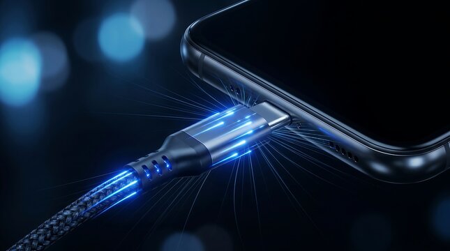 USB type c cable connecting to smartphone for fast power delivery dark background macro view