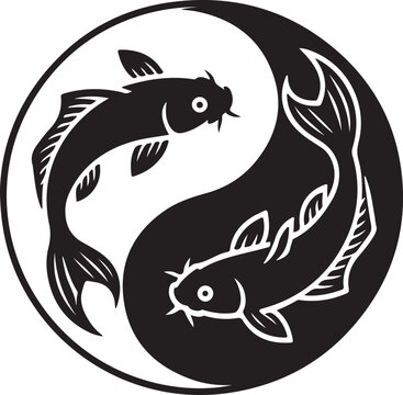 Yin Yang Koi Fish, Black White Vector, Symbol Icon