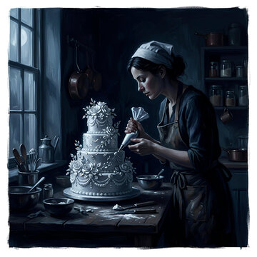 Pastry Chef Decorating Wedding Cake Complete Darkness Memory Craft Surreal Editorial Illustration