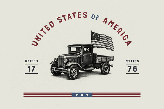 United States of America Vintage Truck with Betsy Ross Flag Patriotic Americana Illustration