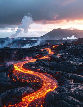 A river of molten lava flows through a rugged volcanic landscape under a dramatic sky.