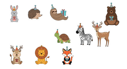 Fototapeta premium Adorable set of cartoon woodland animals celebrating a birthday with colorful party hats and gift boxes for nursery wall art and invitations.