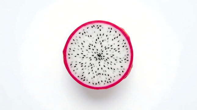 Perfect symmetrical cross-section of fresh tropical dragonfruit revealing vivid magenta and white geometric interior pattern, high-key white background, ultra-sharp commercial food photography, clean 