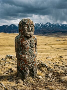 Ancient Anthropomorphic Stone Statue Balbal in Vast Mountain Steppe Landscape