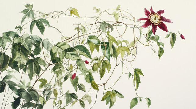 Watercolor light background climbing plant reddish purple passion flower top right numerous green leaves thin dark vines intertwining reddish buds lower left leaves green brown white outlines depth