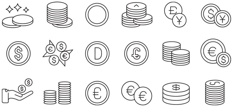 Comprehensive collection of various currency coins and monetary symbols for financial use