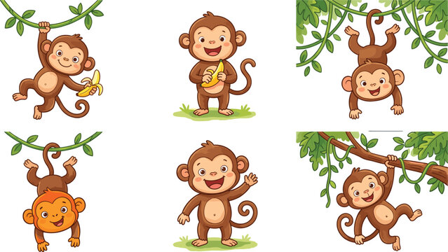 Cute Cartoon Monkey Collection with Jungle Vines Banana and Playful Tropical Animal Character Illustrations