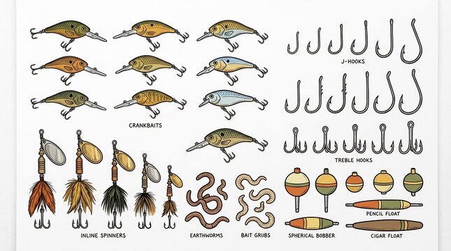 Collection of fishing tackle and equipment diagrams
